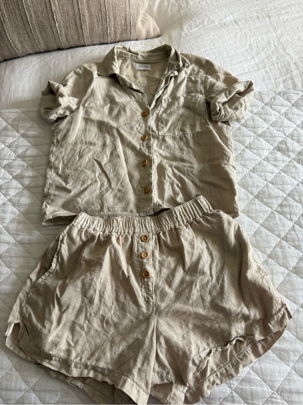 Mate the label Linen Button-Front Top & Shorts Set in Light Beige xs